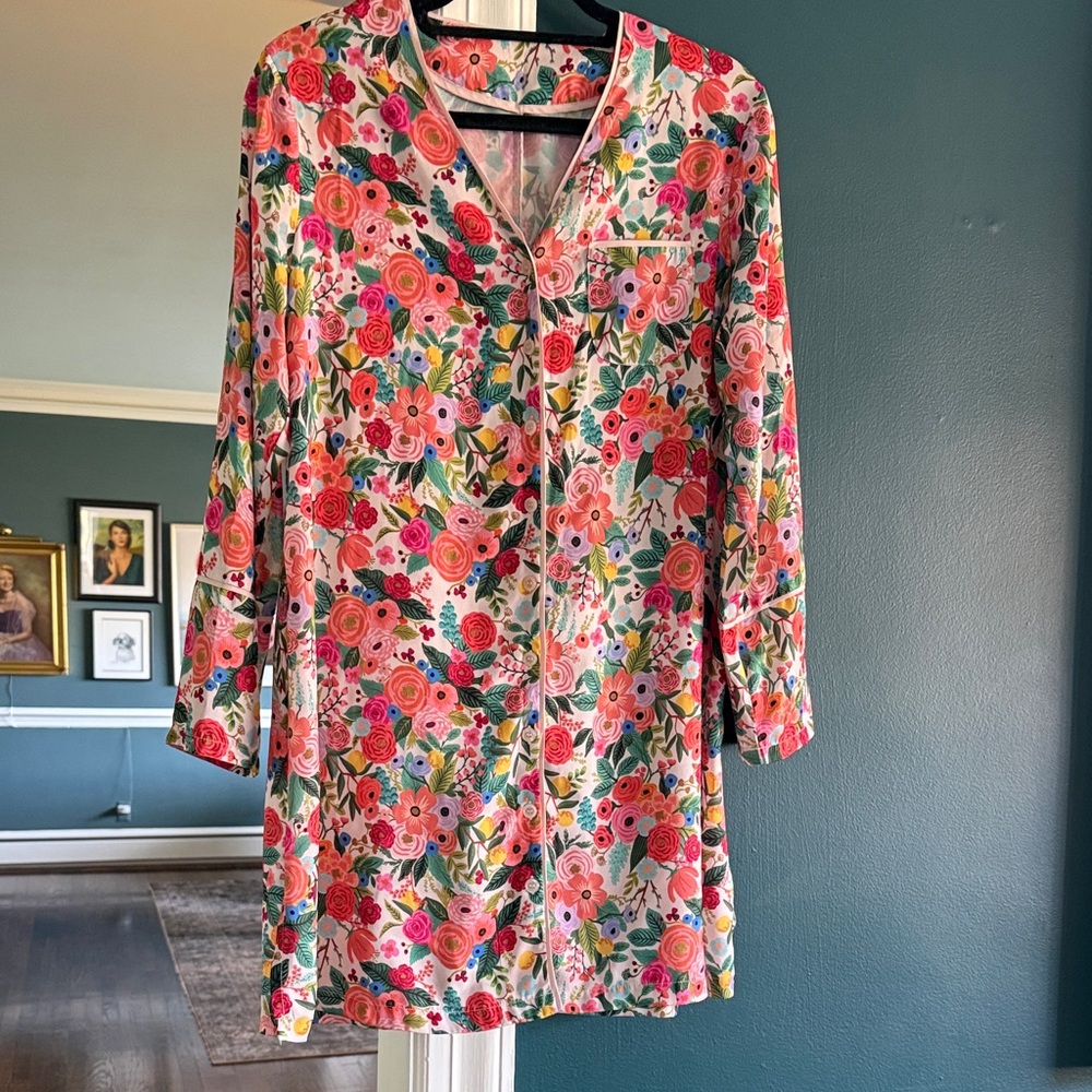Rifle Paper Co Garden Party Floral Sleep Shirt Dress Satin Button Down